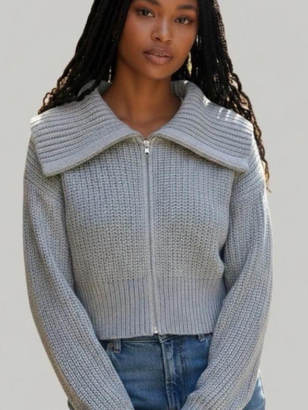 NWT aerie Chunky Knit Cropped Zip Cardigan in Light Gray- small